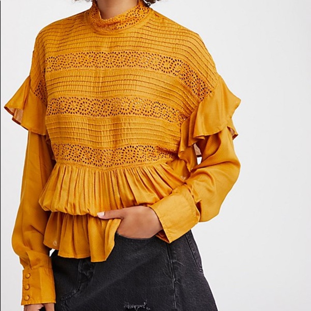 (SOLD) Yellow Ruffle Eyelet Free People Top